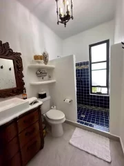 Casita 7 bathroom with blue tile walk-in shower, carved wood vanity, and decorative mirror