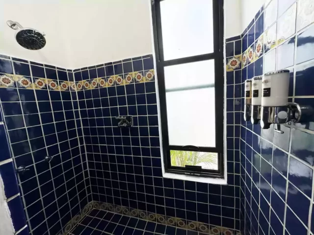 casita-7-blue-tile-walk-in-shower Casita 7 blue tile walk-in shower with decorative Mexican-style tile at Lejos de Todo
